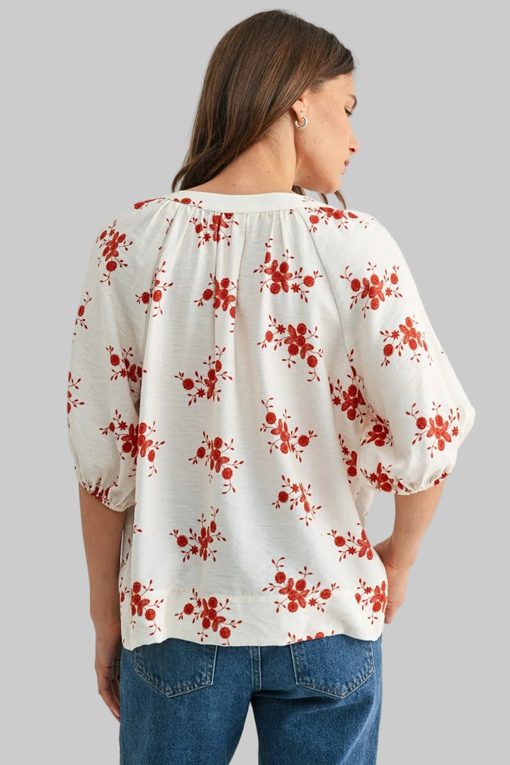 PUFF SLEEVE V-NECK FLORAL TOP - IVORY/RED