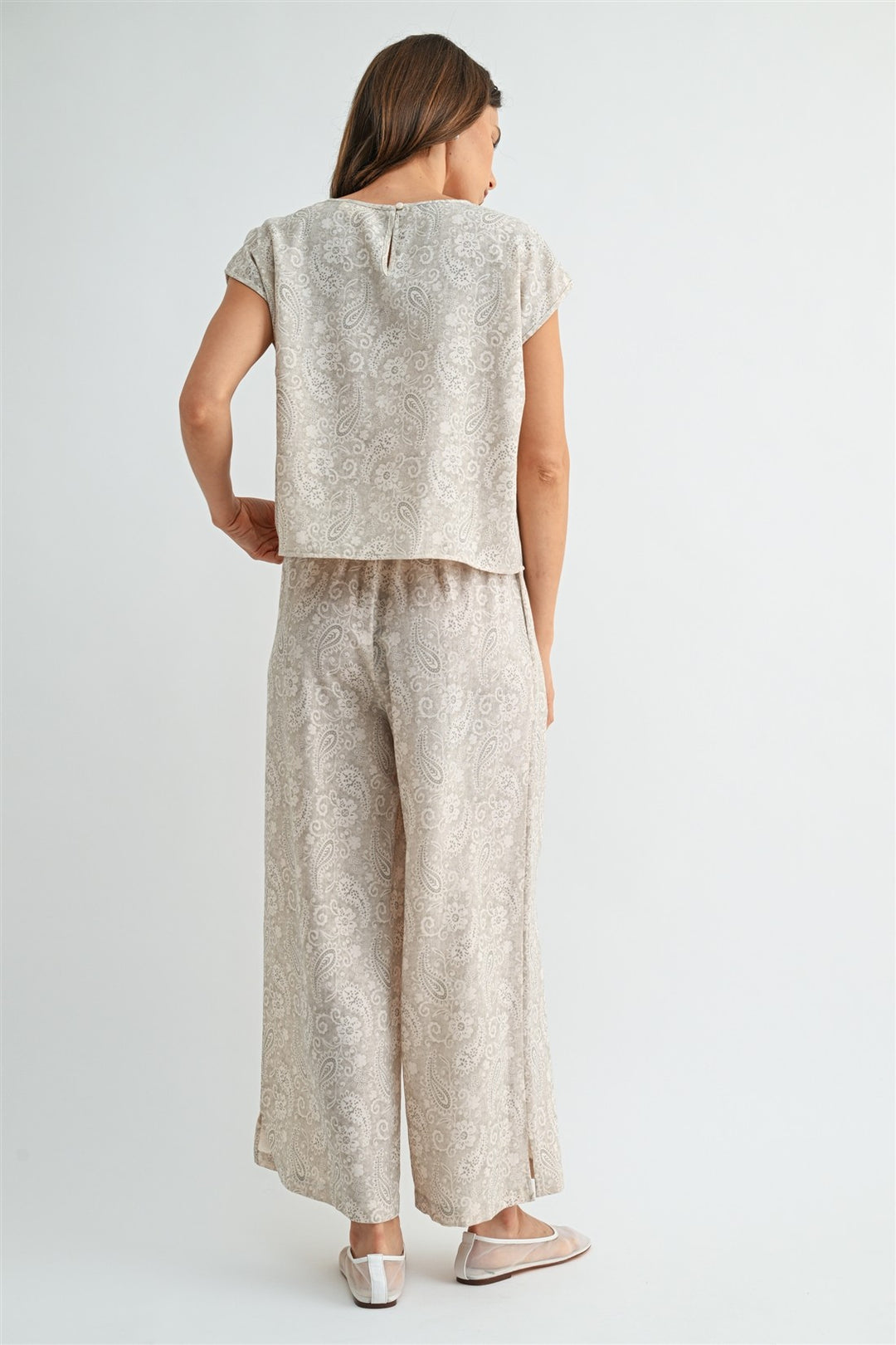 PAISLEY FLOWY WIDE LEG PANTS - OATMEAL