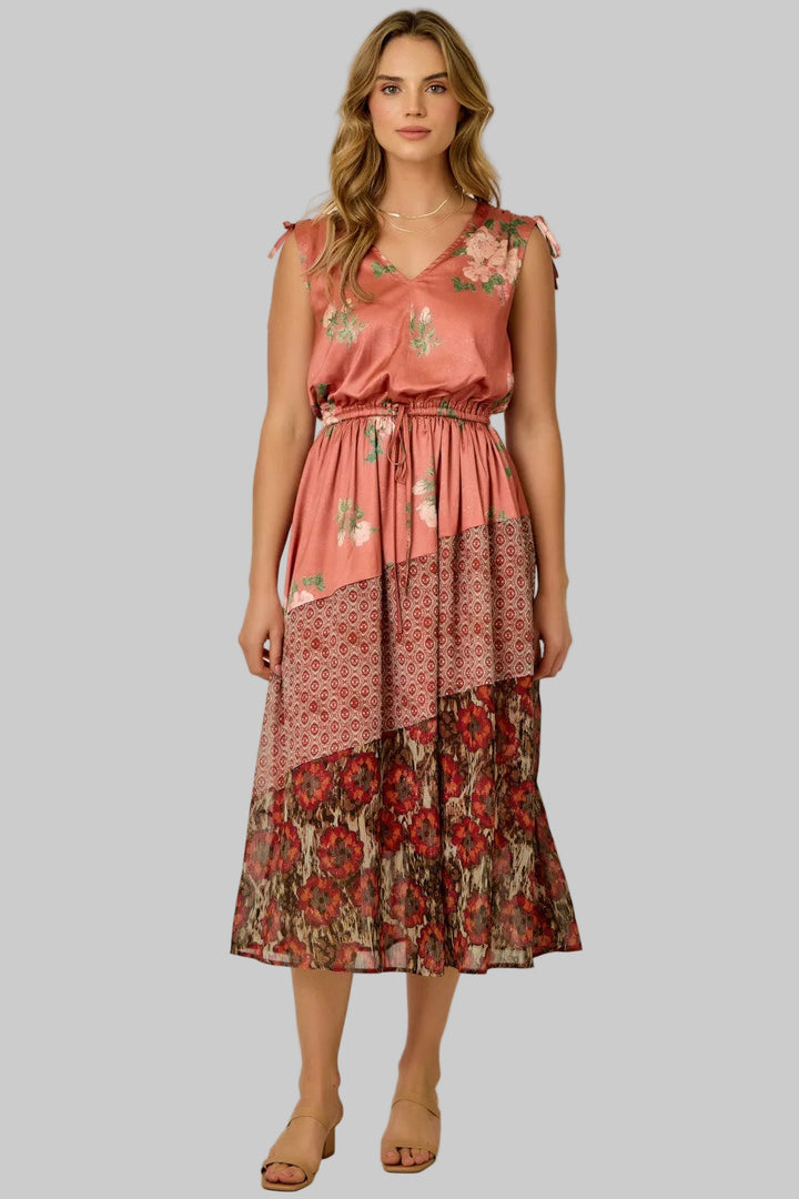 SLEEVELESS SHOULDER TIE MIX PRINT MIDI DRESS - CORAL ROSE