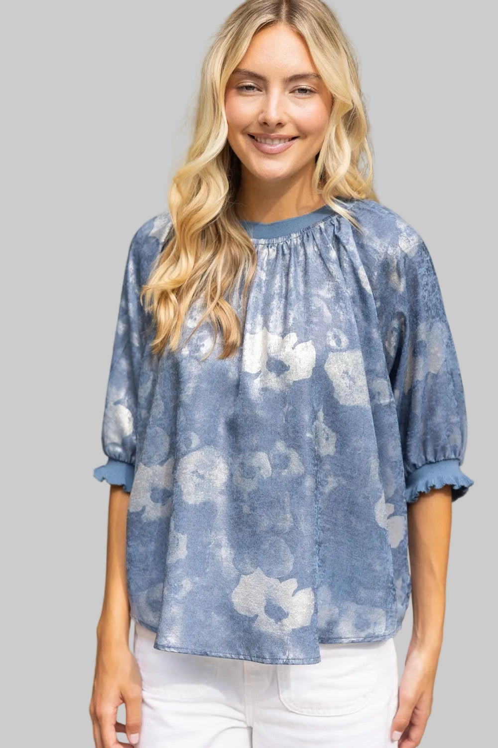 SHORT SLEEVE LUREX LEOPARD RAGLAN TOP - SLATE BLUE
