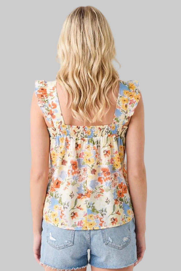RUFFLE SLEEVE SQUARE NECK FLORAL TOP - YELLOW