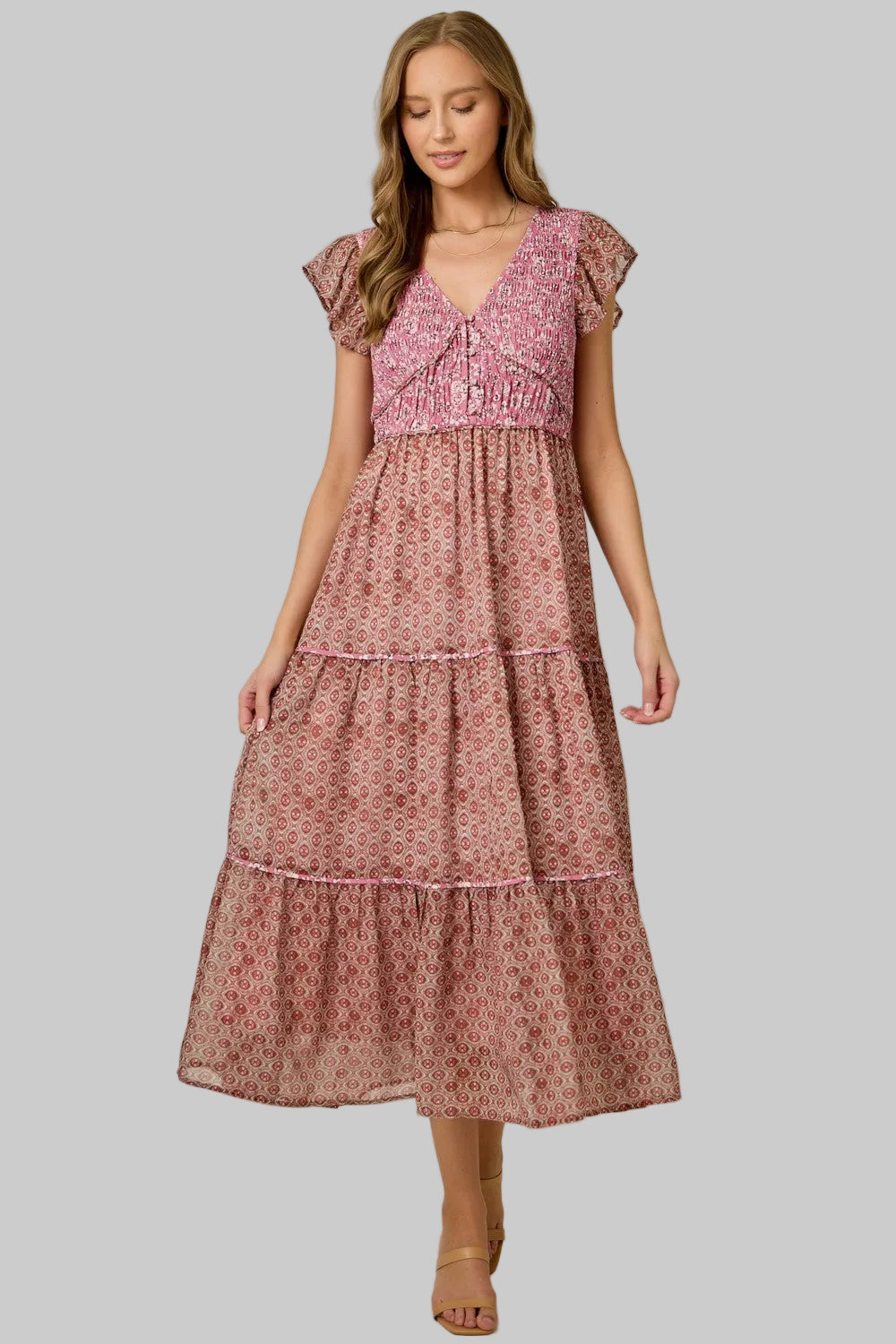 FLUTTER SLEEVE CHIFFON MIXED PRINT MIDI DRESS - RASPBERRY