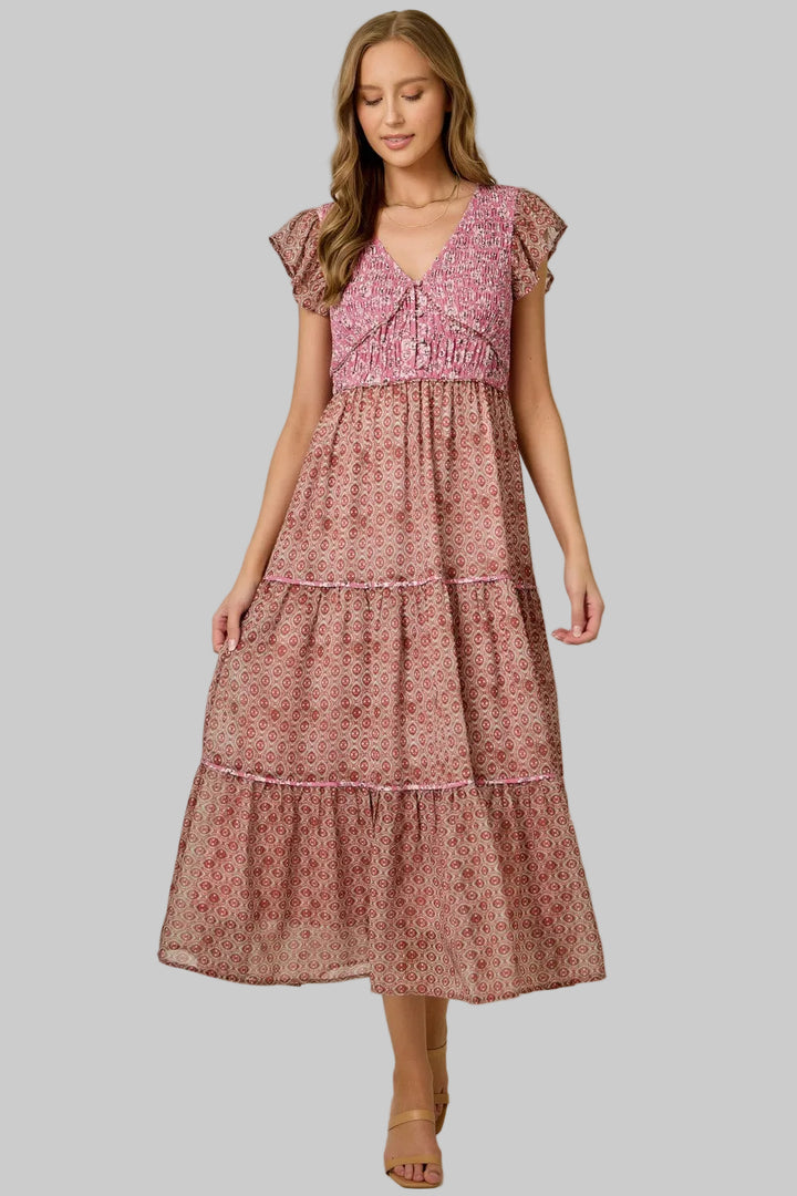 FLUTTER SLEEVE CHIFFON MIXED PRINT MIDI DRESS - RASPBERRY