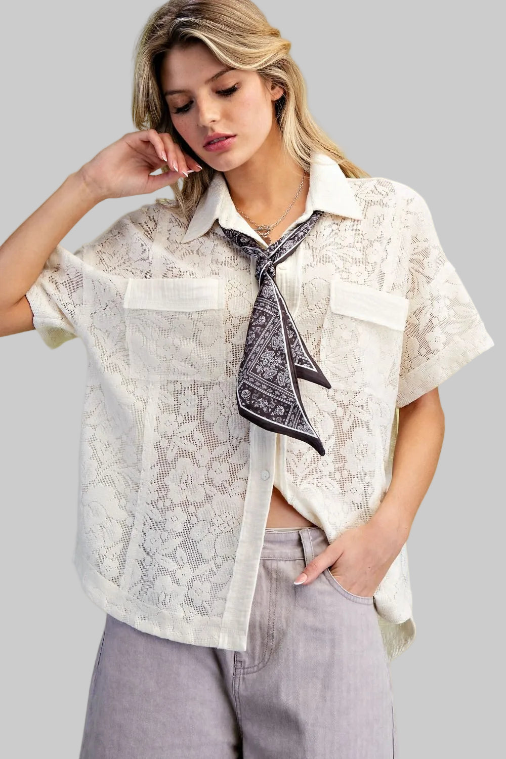COLLARED SHORT SLEEVE LACE BLOUSE - NATURAL