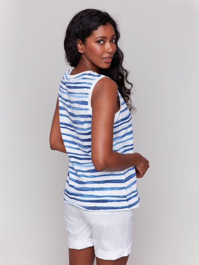 SLEEVELESS ORGANIC COTTON SLUB KNIT TOP - STRIPES BLUE