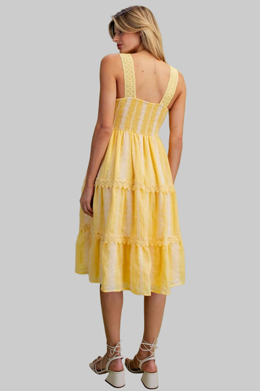 LACE STRAP EMBROIDERY DETAIL TIERED KNEE LENGHT DRESS - YELLOW