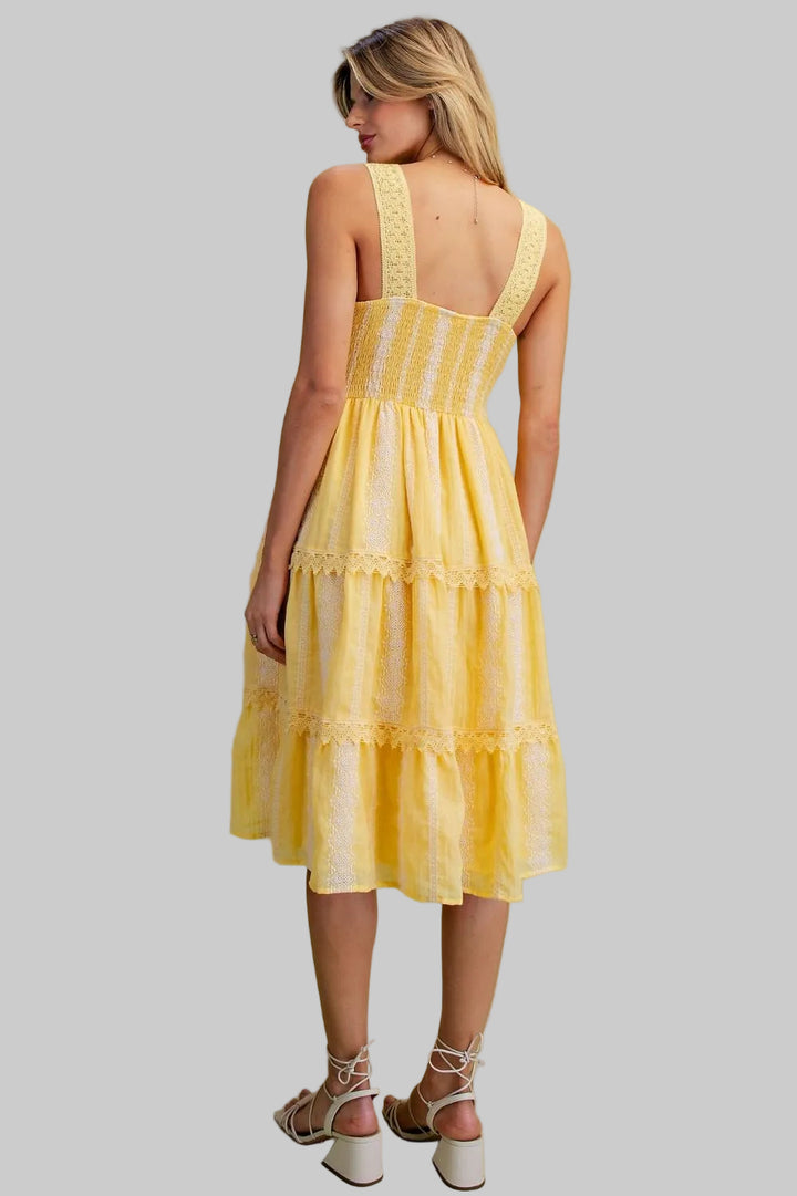 LACE STRAP EMBROIDERY DETAIL TIERED KNEE LENGHT DRESS - YELLOW