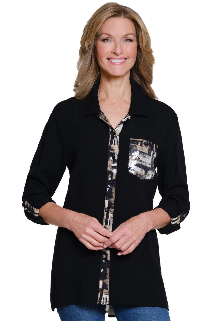 ROLL TAB L/S BUTTON FRONT HI/LO TOP - BLACK W/PRINT ACCENTS