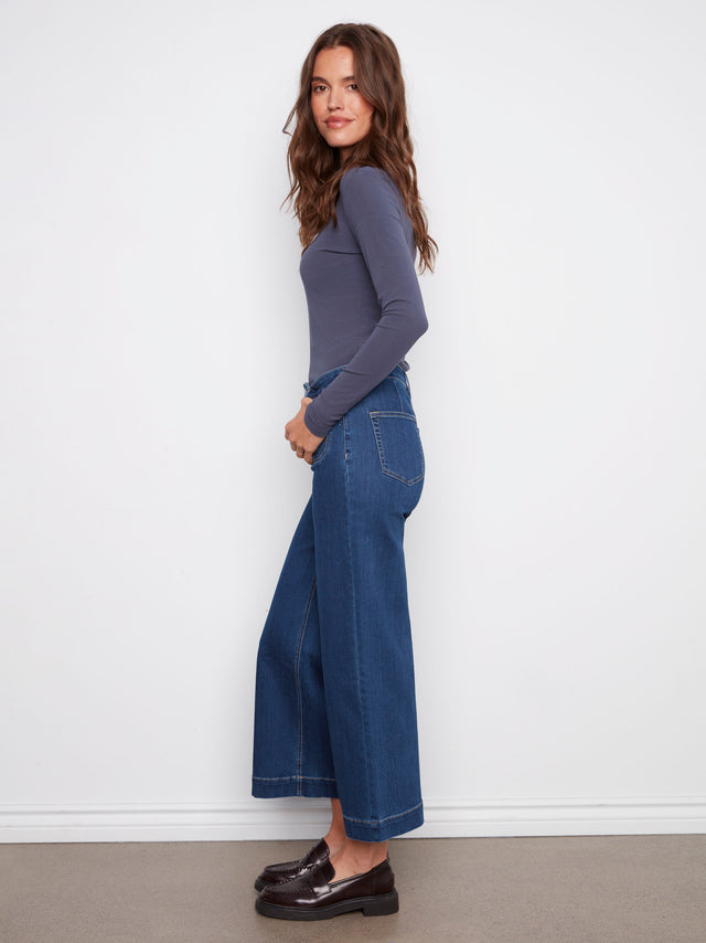 CROPPED PATCH POCKET FLARE STRETCH DENIM PANTS - INDIGO