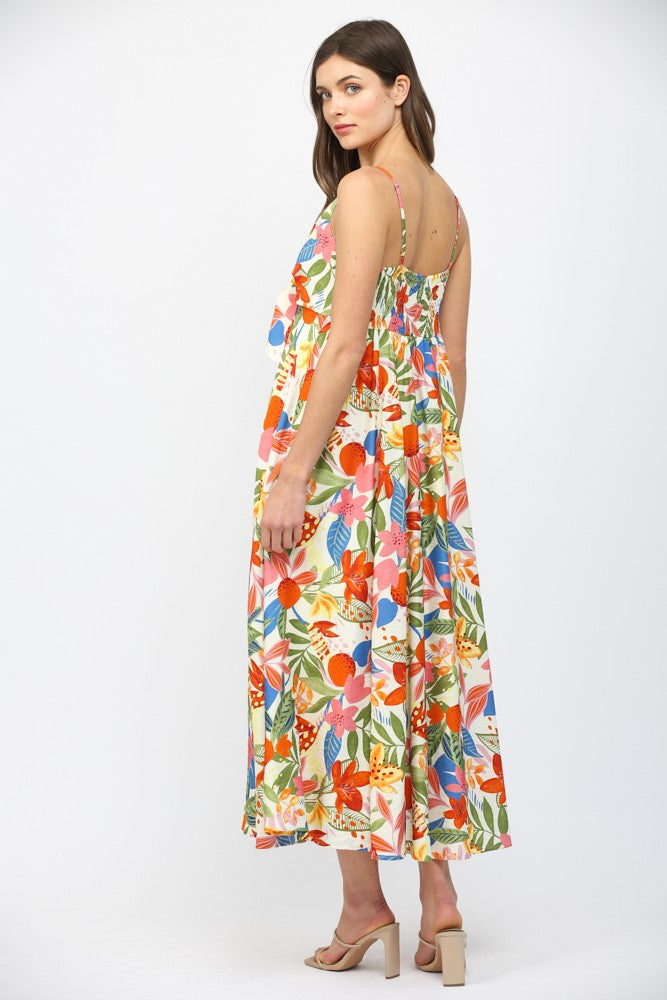 SPAGHETTI STRAP FRONT BOW TIE MIDI DRESS - WHITE MULTI
