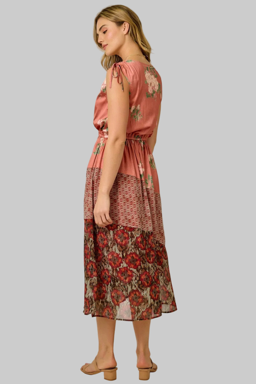 SLEEVELESS SHOULDER TIE MIX PRINT MIDI DRESS - CORAL ROSE