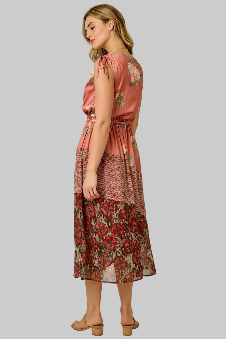 SLEEVELESS SHOULDER TIE MIX PRINT MIDI DRESS - CORAL ROSE