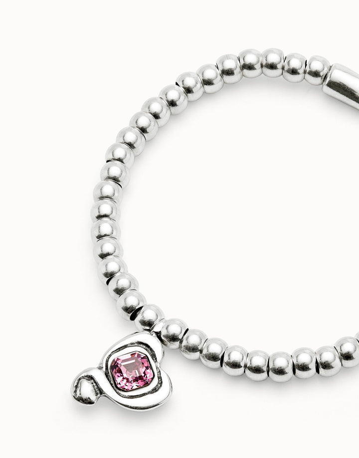 UNO DE 50 BEADED STRETCH BRACELET WITH HEART - SILVER W/PINK CRYSTAL
