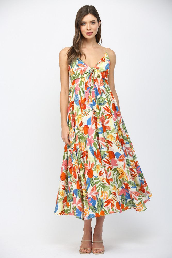 SPAGHETTI STRAP FRONT BOW TIE MIDI DRESS - WHITE MULTI