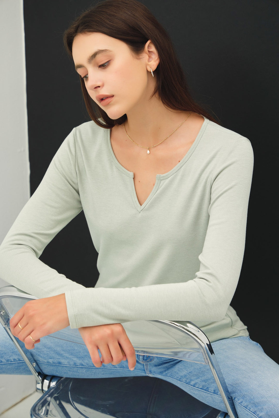 ULTRA SOFT NOTCHED NECK LONG SLEEVE TEE - SPROUT