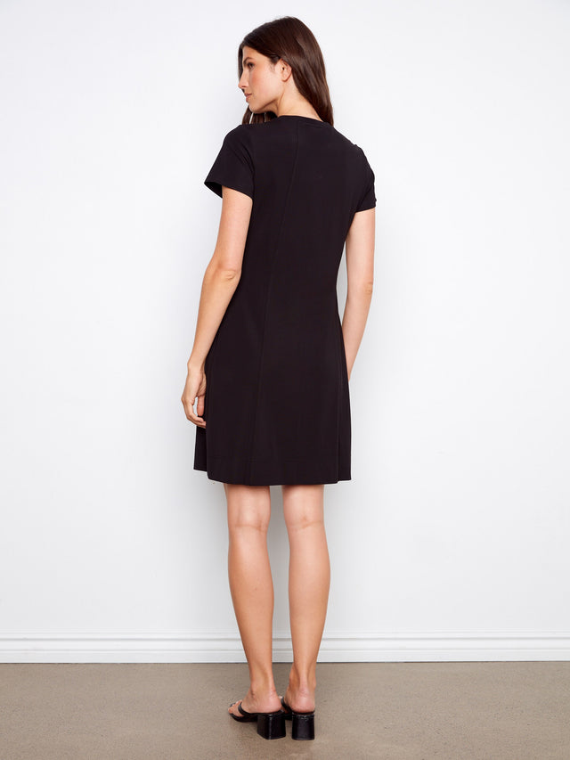 INTERLOCK KNIT KNEE LENGTH DRESS - BLACK