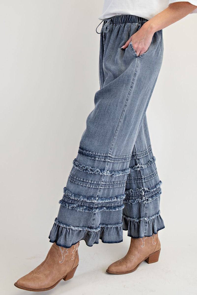 FRAYED WASHED RUFFLE HEM CHAMBRAY PANTS - DARK DENIM