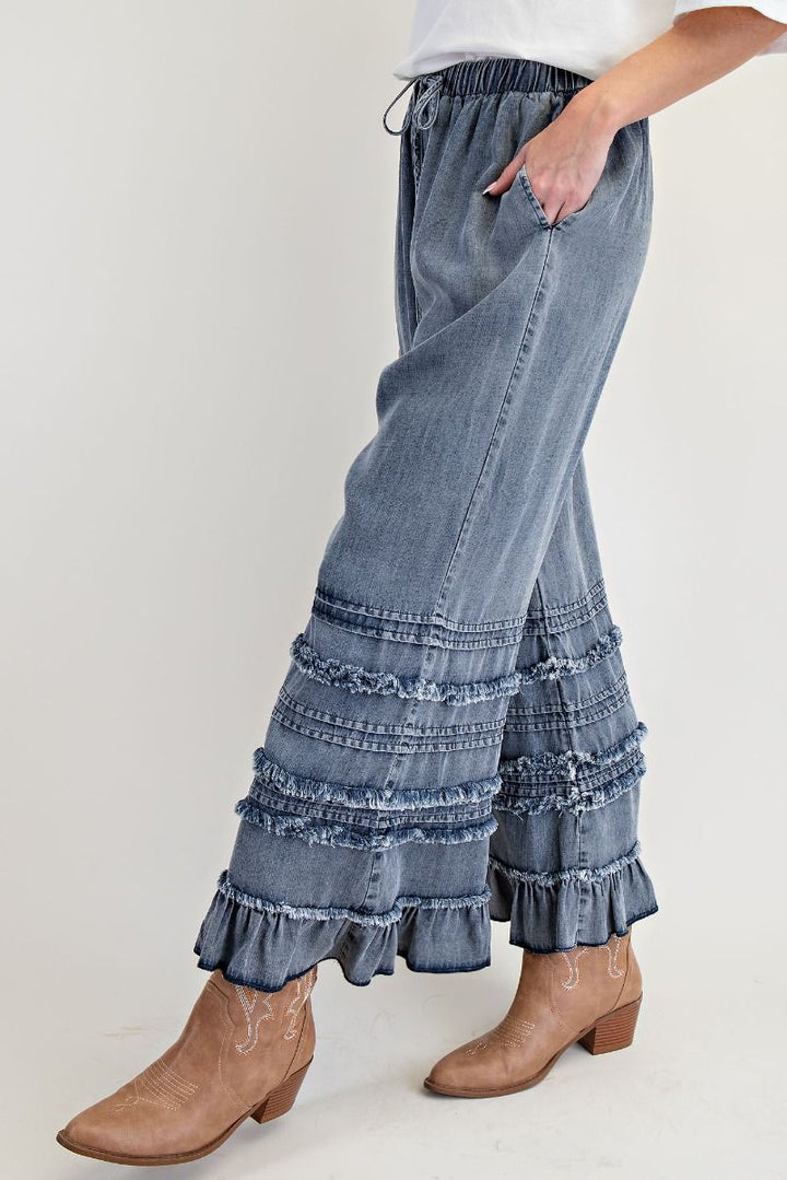 FRAYED WASHED RUFFLE HEM CHAMBRAY PANTS - DARK DENIM