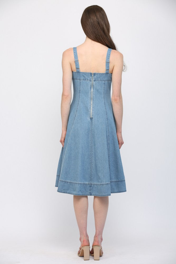 WIDE SHOULDER STRAP FIT & FLARE DENIM DRESS