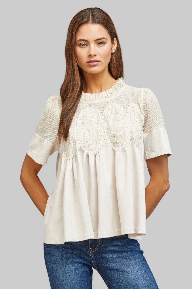 SHEER MESH W/LACE DETAIL FAUX SUEDE FLOWY TOP - IVORY
