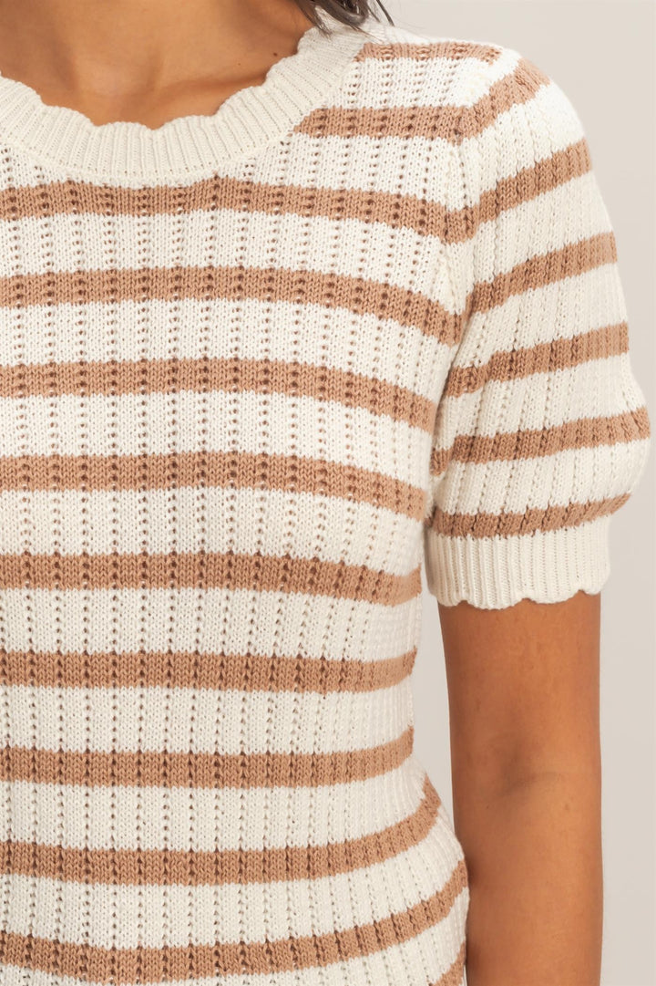PUFF SLEEVE SCALLOP EDGE STRIPED KNIT TOP - TAUPE