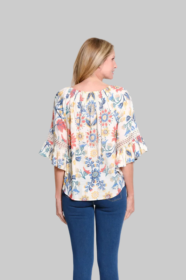 3/4 FLOUNCE RAGLAN SLEEVE SHIRRED NECK TOP - BEIGE NAVY/RED FLORAL