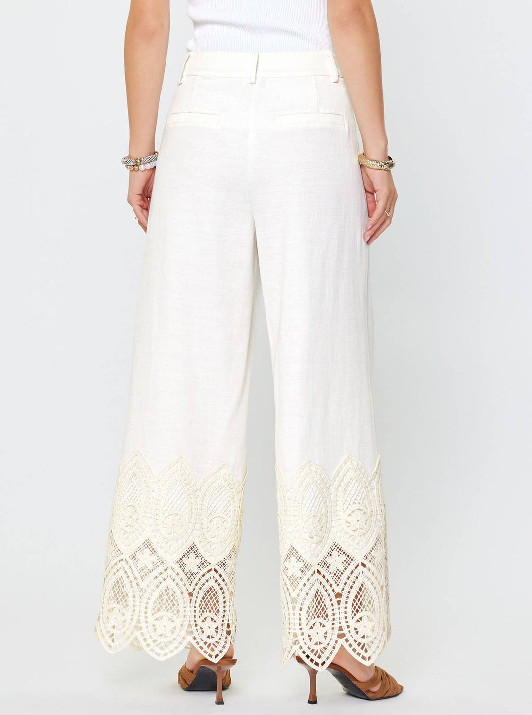 HIGH WAIST CROCHET DETAIL WIDE LEG PANTS - IVORY