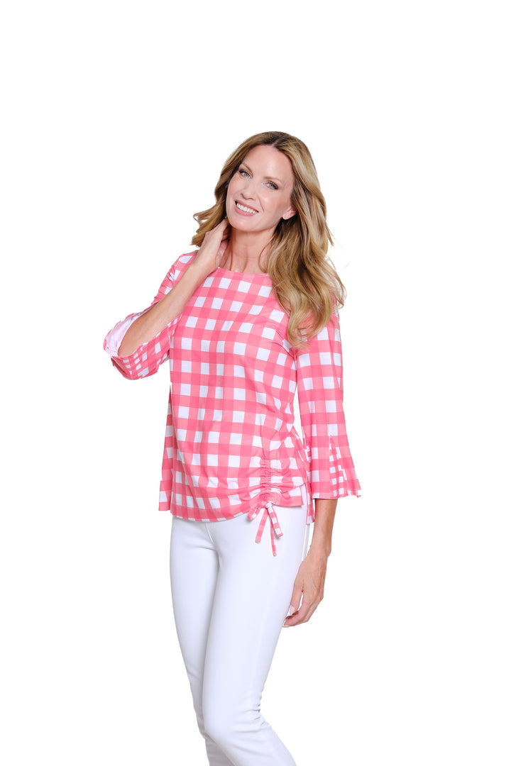 3/4 FLOUNCE &amp; GODET SLEEVE SIDE DRAWSTRING TOP - GINGHAM CORAL PINK