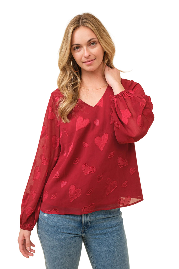 EMBROIDERED HEART CHIFFON LONG SLEEVE TOP - WINE