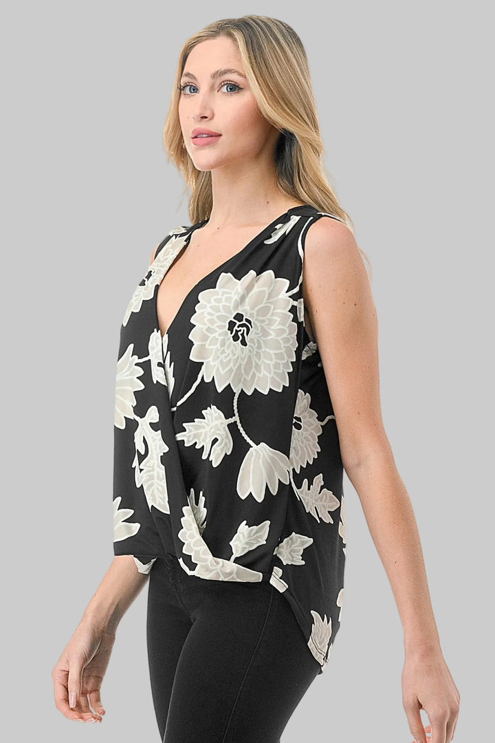 SLEEVELESS SURPLICE TOP - BLACK FLORAL