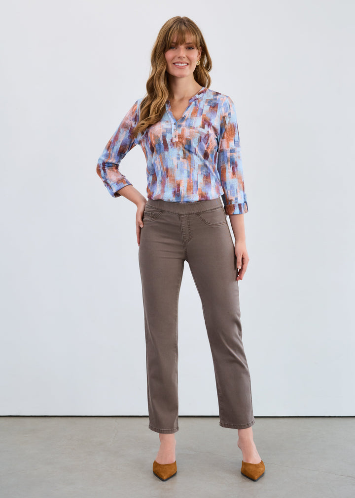 3/4 SLEEVE HENLEY PRINTED TOP - ROOKERY LT BLUE