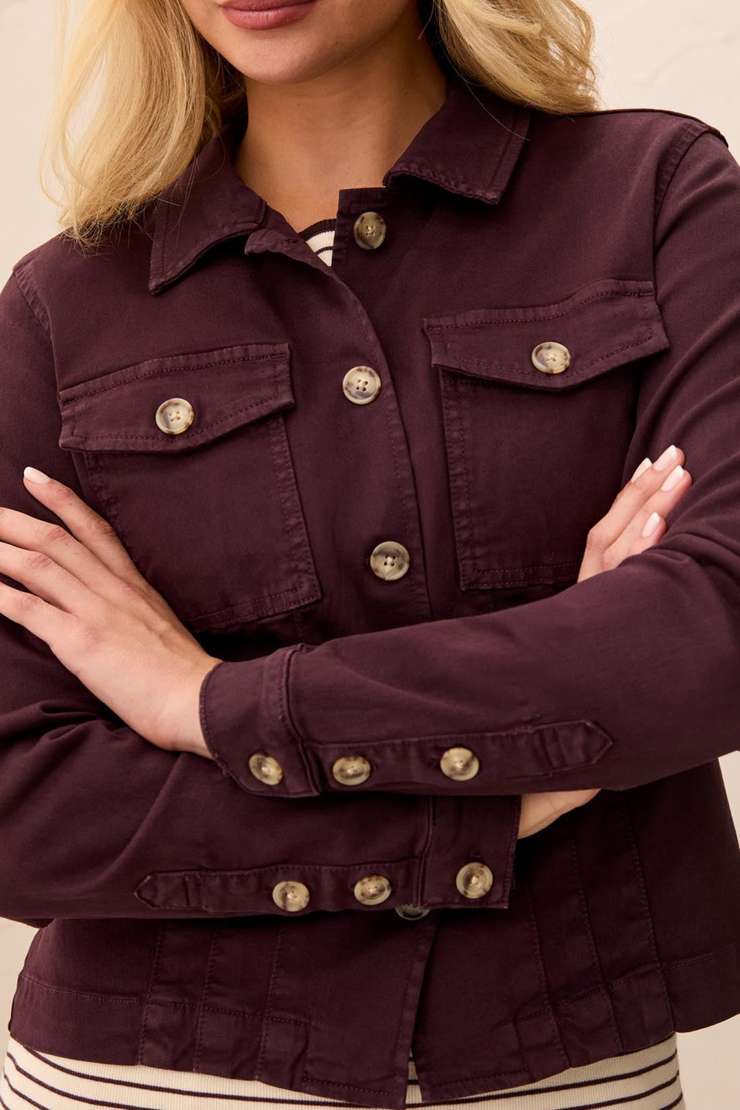 LONG SLEEVE BUTTON FRONT JACKET WITH HORN BUTTONS - FUDGE