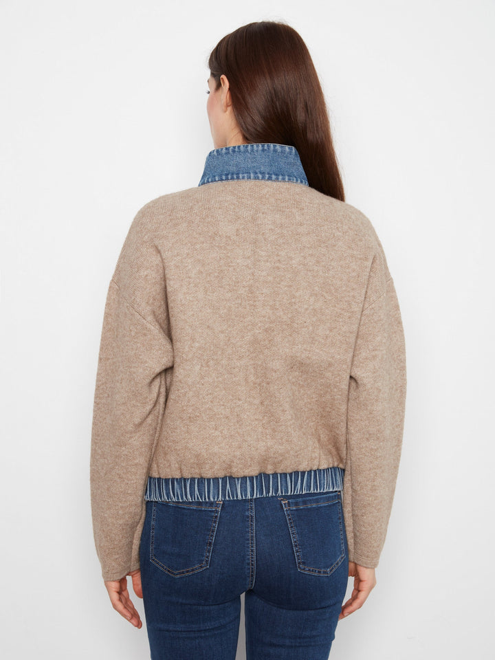 LONG SLEEVE ZIPPED SWEATER JACKET WITH DENIM POCKETS &amp; COLLAR - HEATHER SAND
