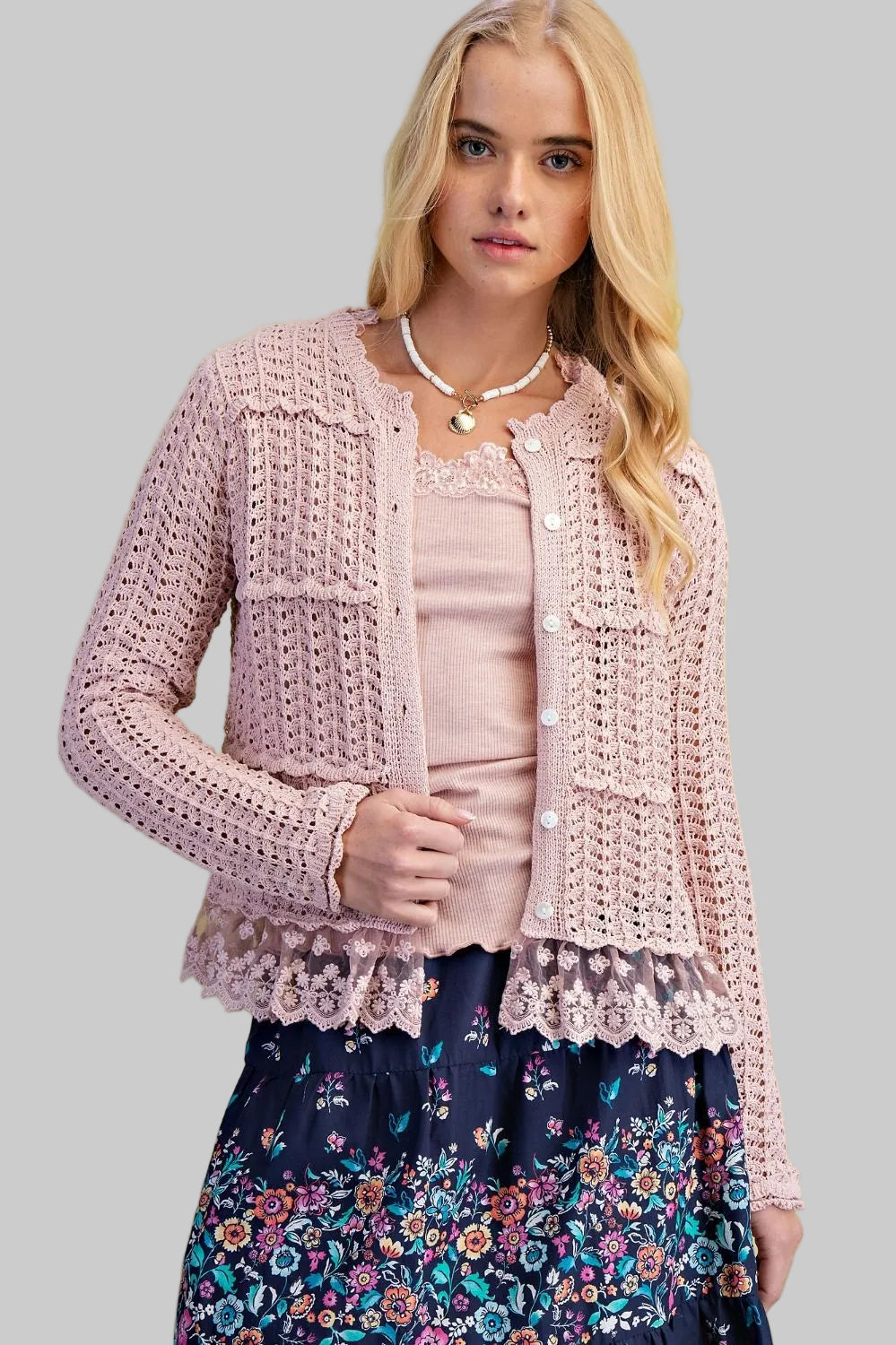 L/S LACE BOTTOM KNIT CARDIGAN - DUSTY ROSE