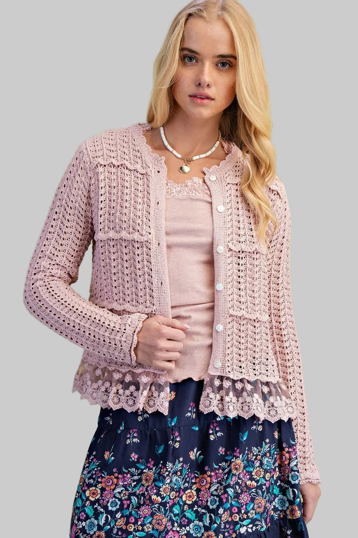 L/S LACE BOTTOM KNIT CARDIGAN - DUSTY ROSE