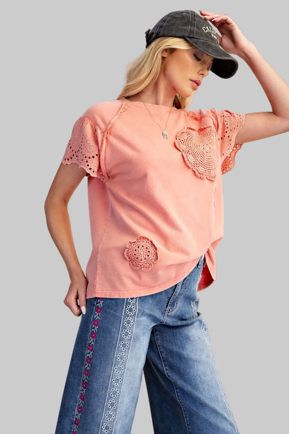 LACE SLEEVE CROCHET PATCH TERRY KNIT TOP - STRAWBERRY