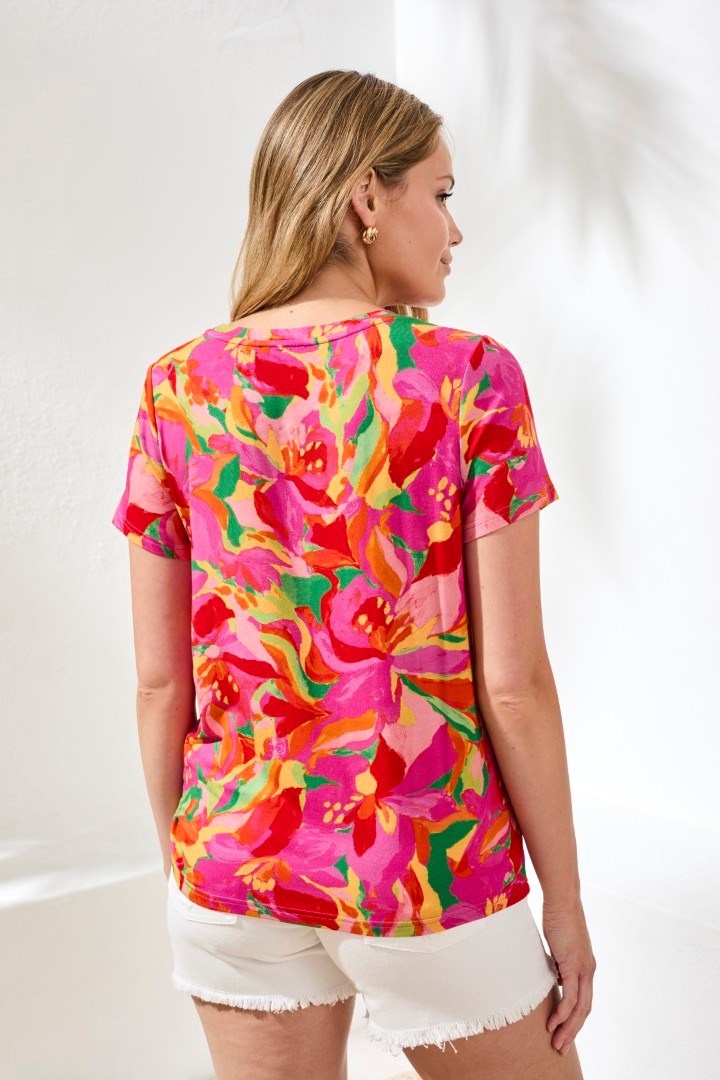 SHORT SLEEVE CREW NECK TOP W/SIDE RUCHING - PINK GLOW