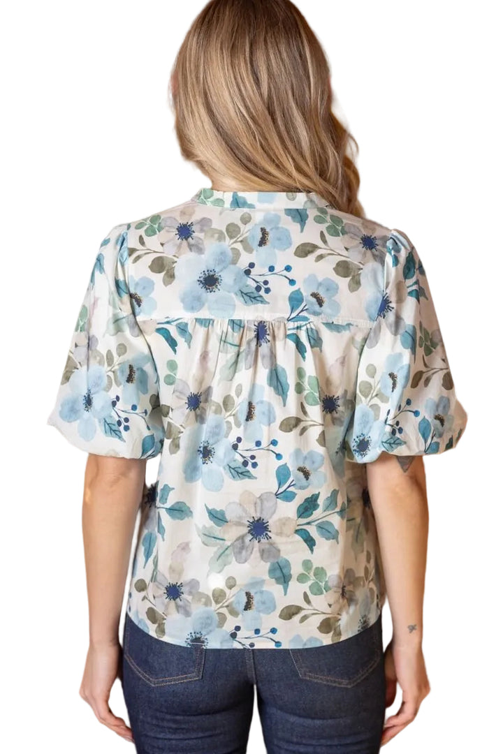 SHORT SLEEVE STRIPE AND WAVY TRIM DETAILED FLORAL TOP - BLUE