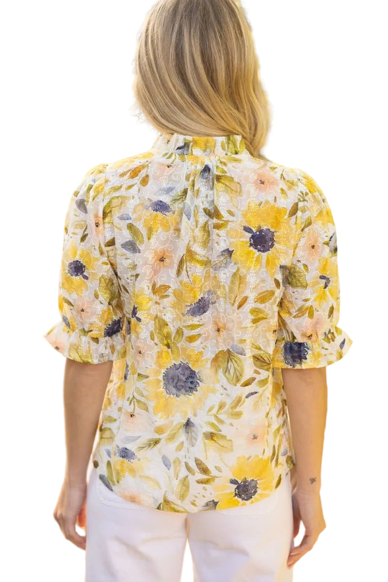 RUFFLED V-NECK FLORAL & EMBROIDERED TOP - YELLOW