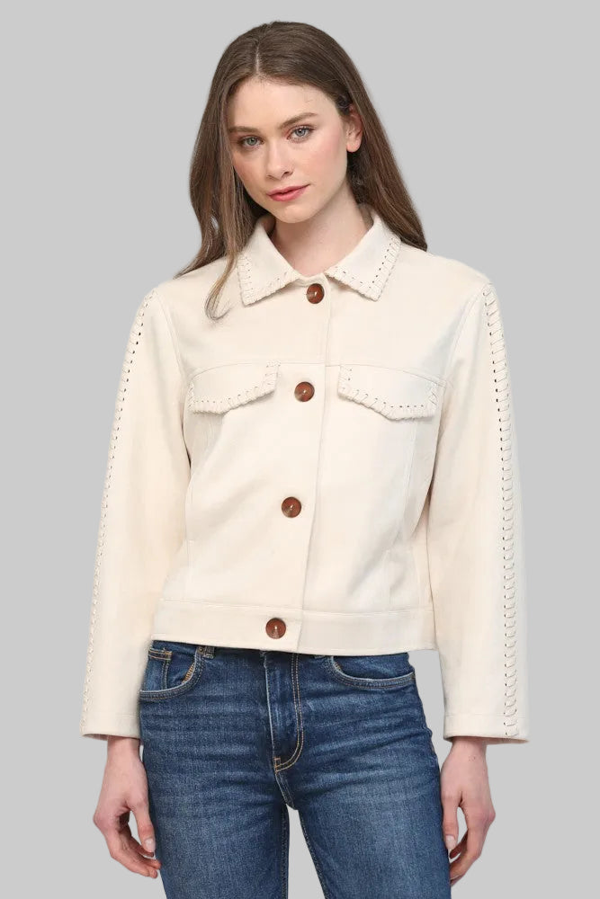WHIPSTITCH DETAIL FAUX SUEDE JACKET - ECRU