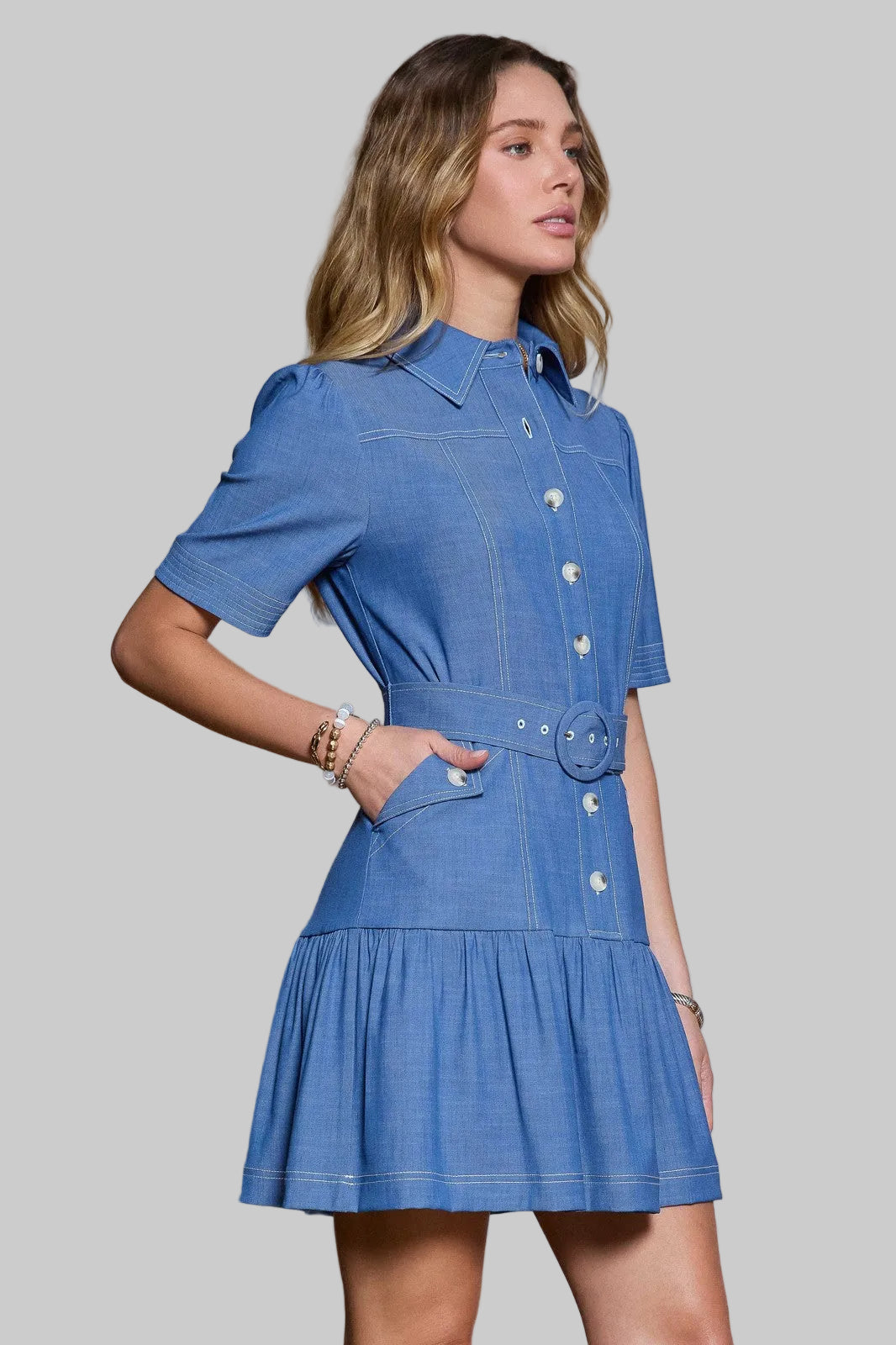 COLLARED BUTTON UP TIERED SHORT DRESS W/BELT - BLUE
