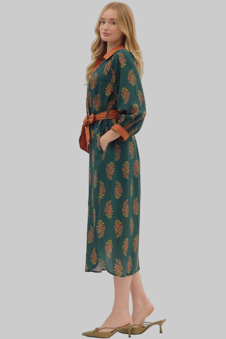 3/4 SLEEVE BOTANICAL PRINT MIDI DRESS W/TIE - HEATHER GREEN