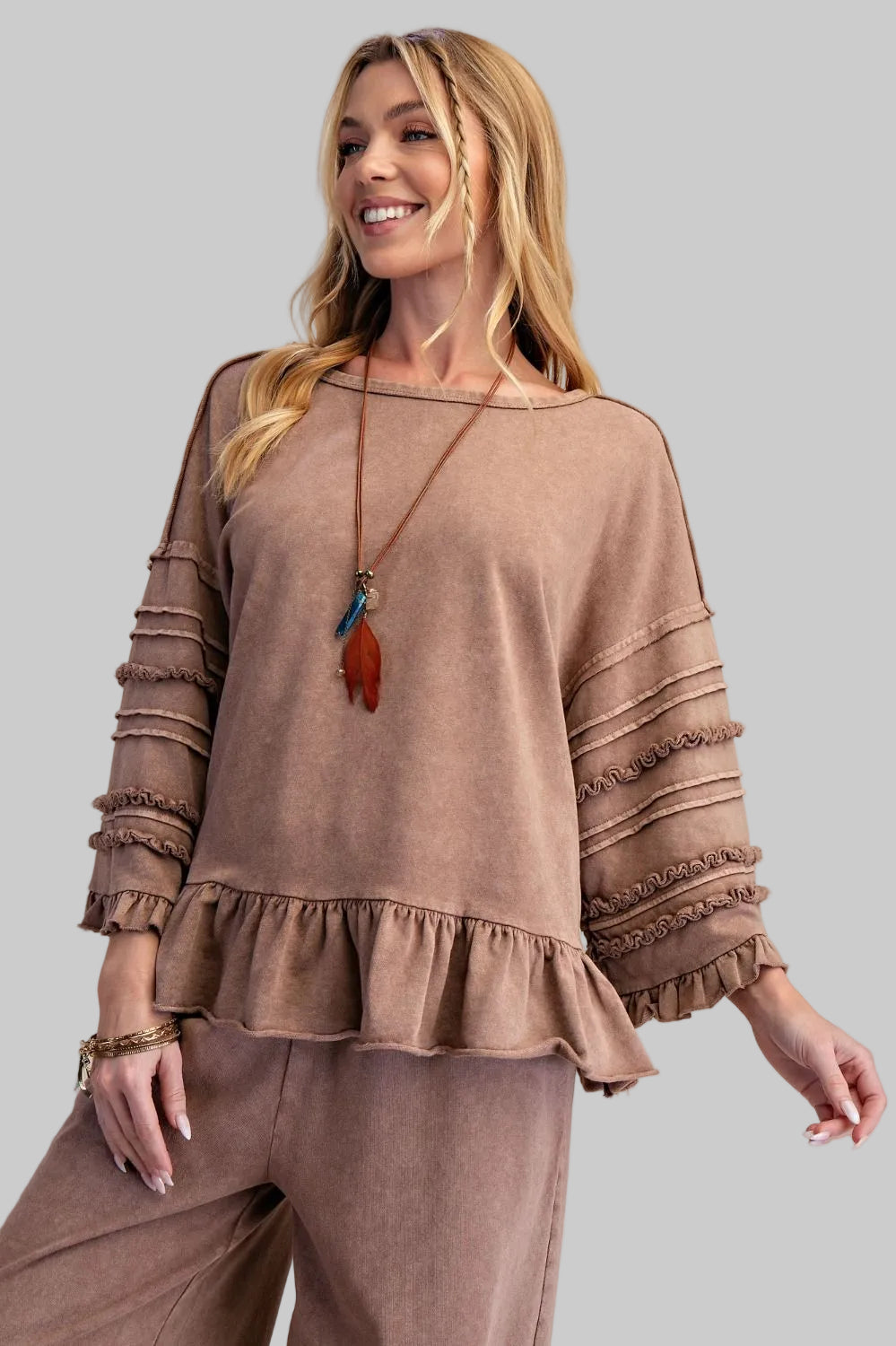 HALF SLEEVE MINERAL WASHED RUFFLE HEM TUNIC - MOCHA
