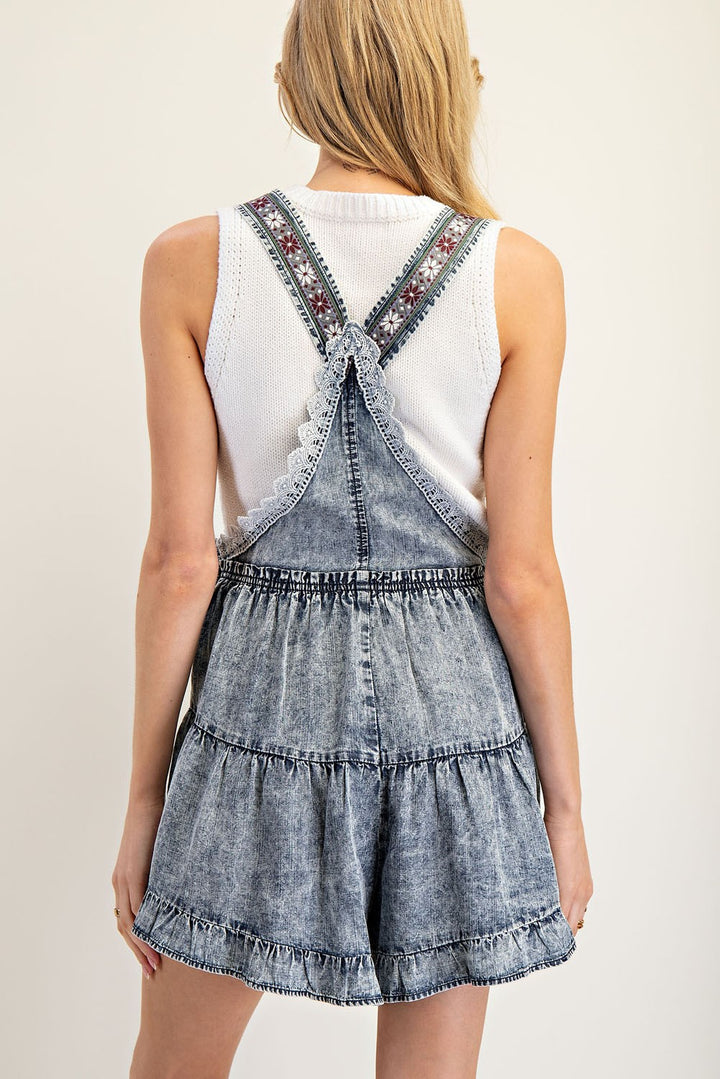 SNOW WASHED LACE DETAILED ROMPER - DENIM