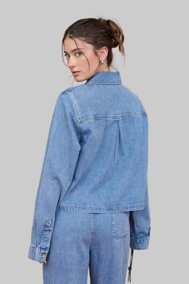 L/S ACID WASH BOXY DENIM SHIRT - MEDIUM WASH