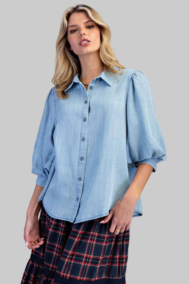 3/4 SLEEVE WASHED DENIM SHIRT - LIGHT DENIM