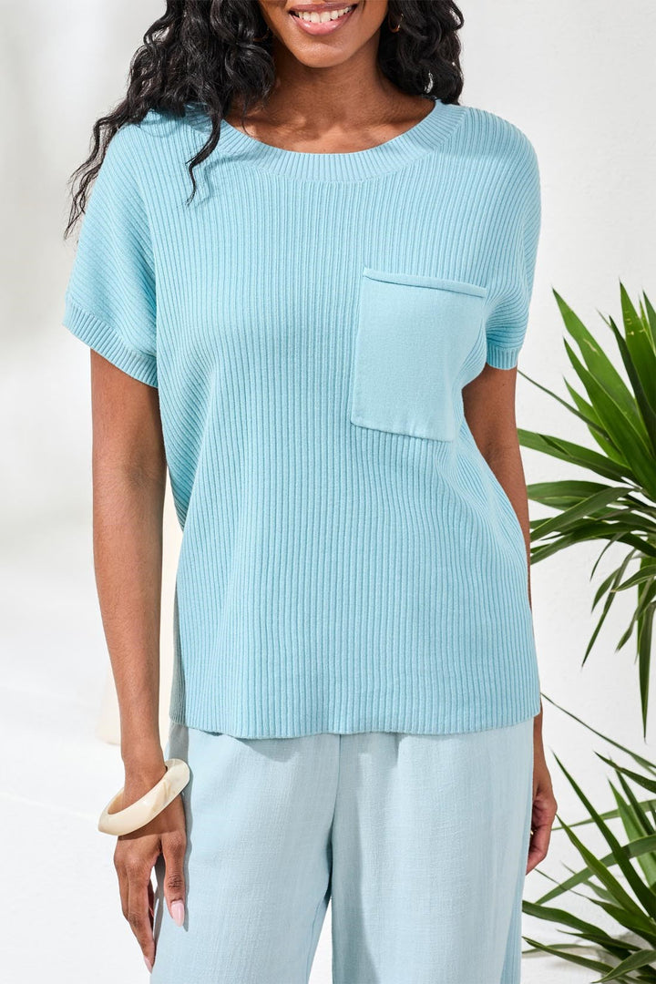 SHORT SLEEVE DOLMAN SWEATER W/POCKET - LIGHT AQUA SKY