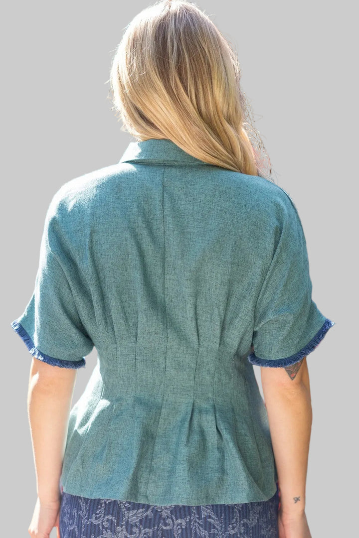 DOLMAN SLEEVE PLEATED WAIST BUTTON DOWN TOP - HUNTER GREEN
