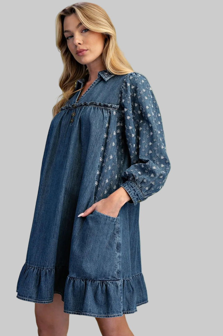 3/4 SLEEVE EMBROIDERED DENIM MIX RUFFLE HEM SHORT DRESS - WASHED DENIM