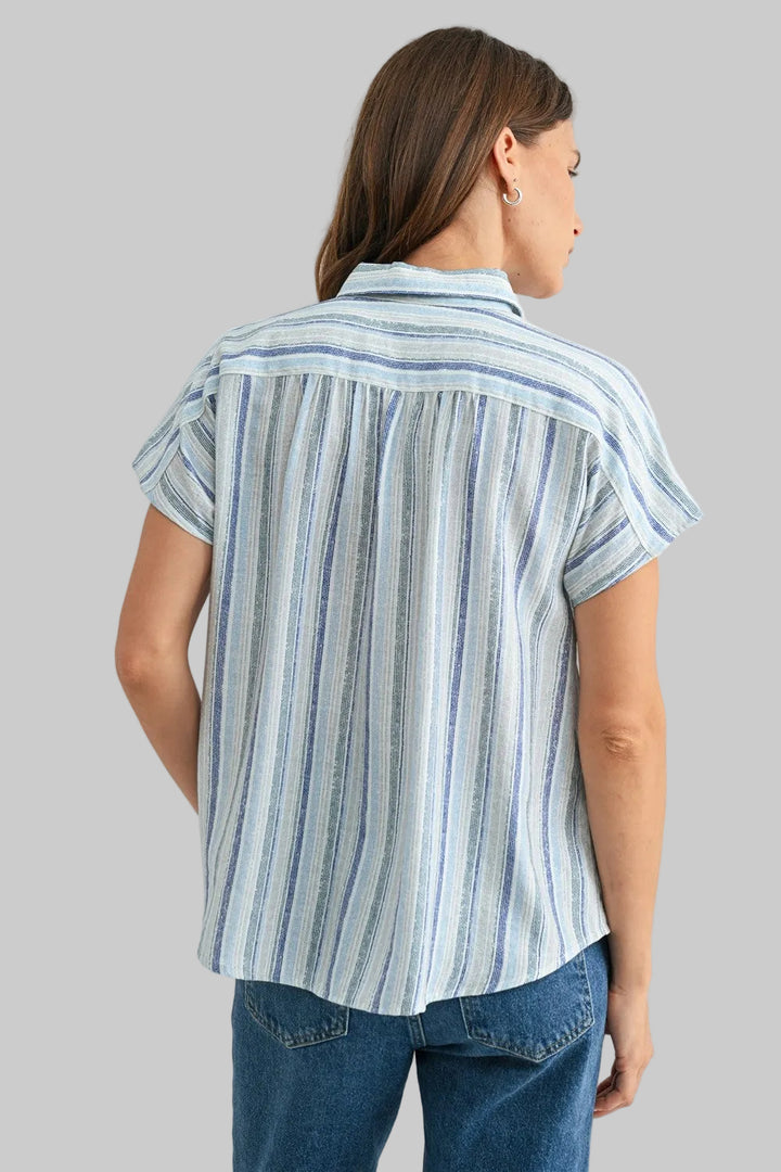 DOLMAN SHORT SLEEVE STRIPED BUTTON DOWN TOP - BLUE COMBO